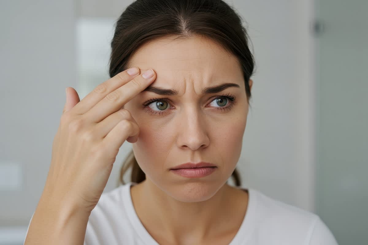 Visible forehead wrinkles and frown lines before Botox injections